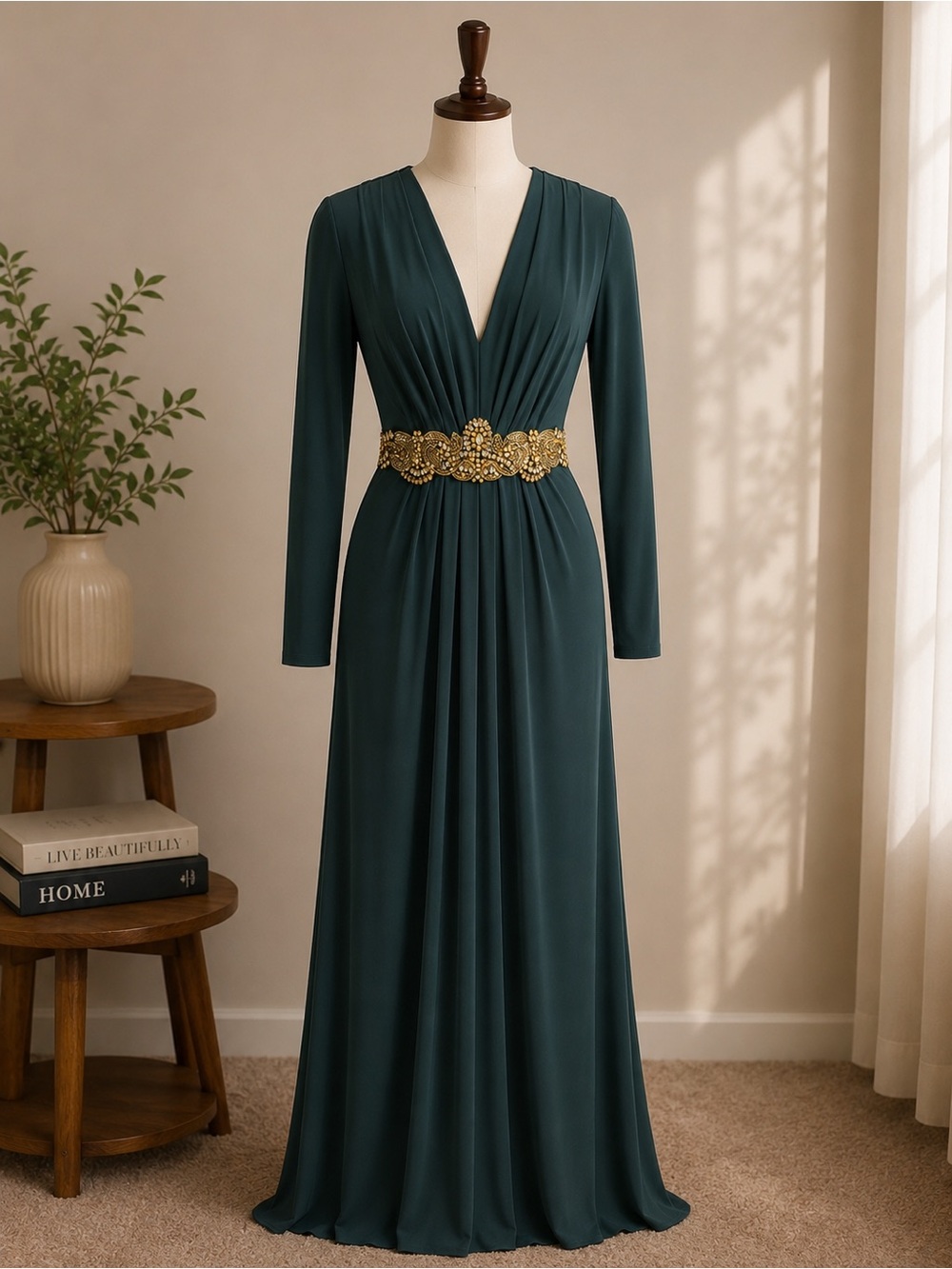 Long Sleeve Deep Teal V-Neck Evening Gown with Gold Appliqué Waist
